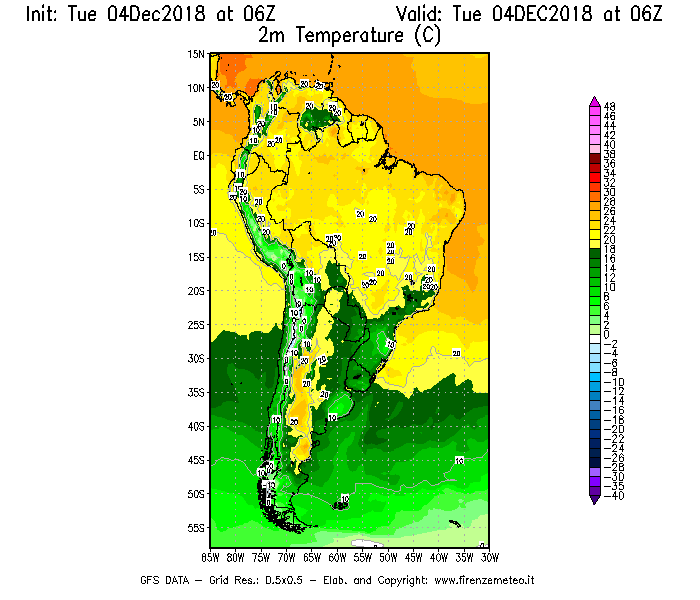 Mappa di analisi GFS - Temperatura a 2 metri dal suolo [°C] in Sud-America
							del 04/12/2018 06 <!--googleoff: index-->UTC<!--googleon: index-->