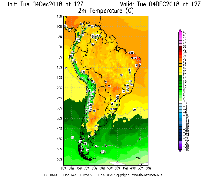 Mappa di analisi GFS - Temperatura a 2 metri dal suolo [°C] in Sud-America
							del 04/12/2018 12 <!--googleoff: index-->UTC<!--googleon: index-->