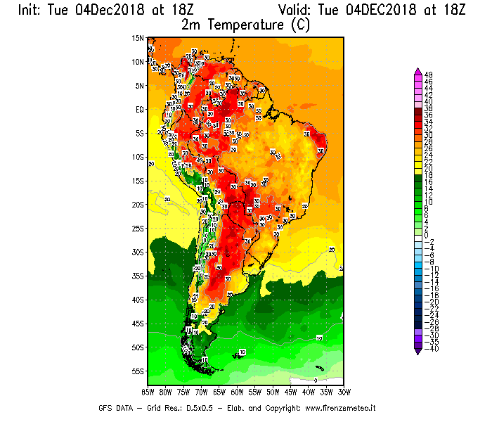 Mappa di analisi GFS - Temperatura a 2 metri dal suolo [°C] in Sud-America
							del 04/12/2018 18 <!--googleoff: index-->UTC<!--googleon: index-->