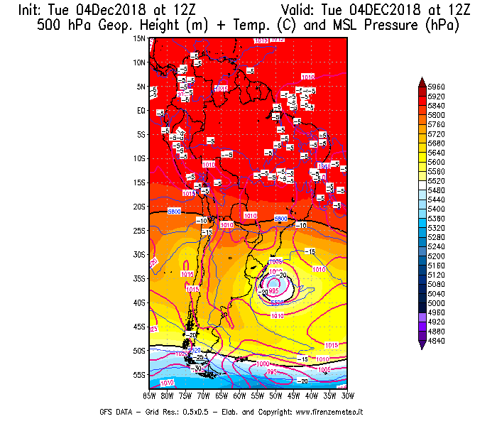 Mappa di analisi GFS - Geopotenziale [m] + Temp. [°C] a 500 hPa + Press. a livello del mare [hPa] in Sud-America
							del 04/12/2018 12 <!--googleoff: index-->UTC<!--googleon: index-->