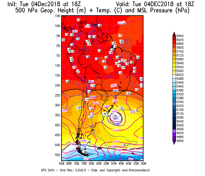 Mappa di analisi GFS - Geopotenziale [m] + Temp. [°C] a 500 hPa + Press. a livello del mare [hPa] in Sud-America
							del 04/12/2018 18 <!--googleoff: index-->UTC<!--googleon: index-->