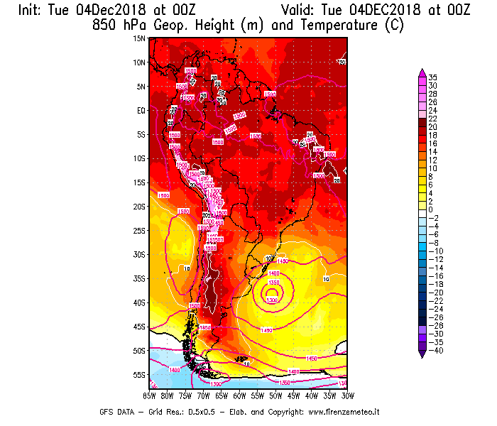 Mappa di analisi GFS - Geopotenziale [m] e Temperatura [°C] a 850 hPa in Sud-America
							del 04/12/2018 00 <!--googleoff: index-->UTC<!--googleon: index-->