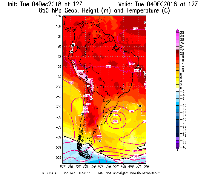 Mappa di analisi GFS - Geopotenziale [m] e Temperatura [°C] a 850 hPa in Sud-America
							del 04/12/2018 12 <!--googleoff: index-->UTC<!--googleon: index-->