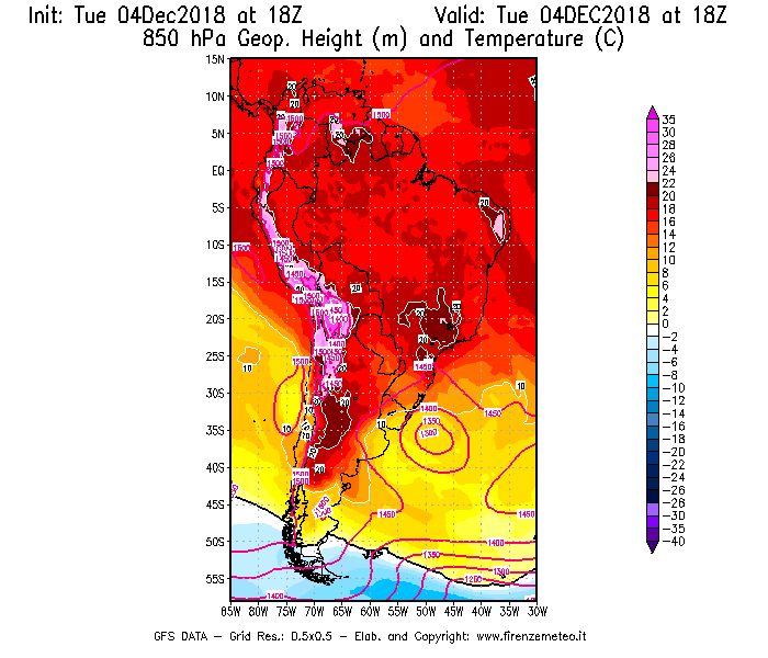 Mappa di analisi GFS - Geopotenziale [m] e Temperatura [°C] a 850 hPa in Sud-America
							del 04/12/2018 18 <!--googleoff: index-->UTC<!--googleon: index-->