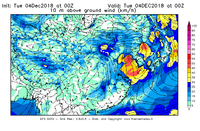 Mappa di analisi GFS - Velocità del vento a 10 metri dal suolo [km/h] in Asia Orientale
							del 04/12/2018 00 <!--googleoff: index-->UTC<!--googleon: index-->