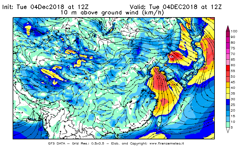 Mappa di analisi GFS - Velocità del vento a 10 metri dal suolo [km/h] in Asia Orientale
							del 04/12/2018 12 <!--googleoff: index-->UTC<!--googleon: index-->