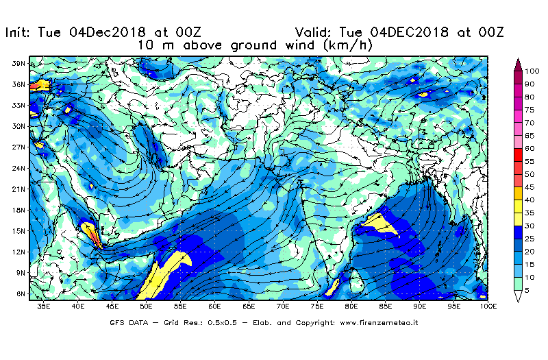 Mappa di analisi GFS - Velocità del vento a 10 metri dal suolo [km/h] in Asia Sud-Occidentale
							del 04/12/2018 00 <!--googleoff: index-->UTC<!--googleon: index-->
