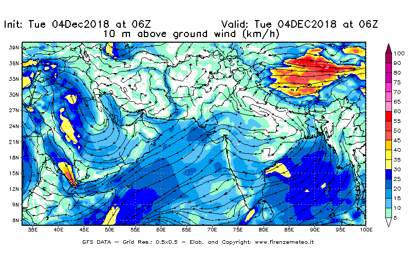 Mappa di analisi GFS - Velocità del vento a 10 metri dal suolo [km/h] in Asia Sud-Occidentale
							del 04/12/2018 06 <!--googleoff: index-->UTC<!--googleon: index-->