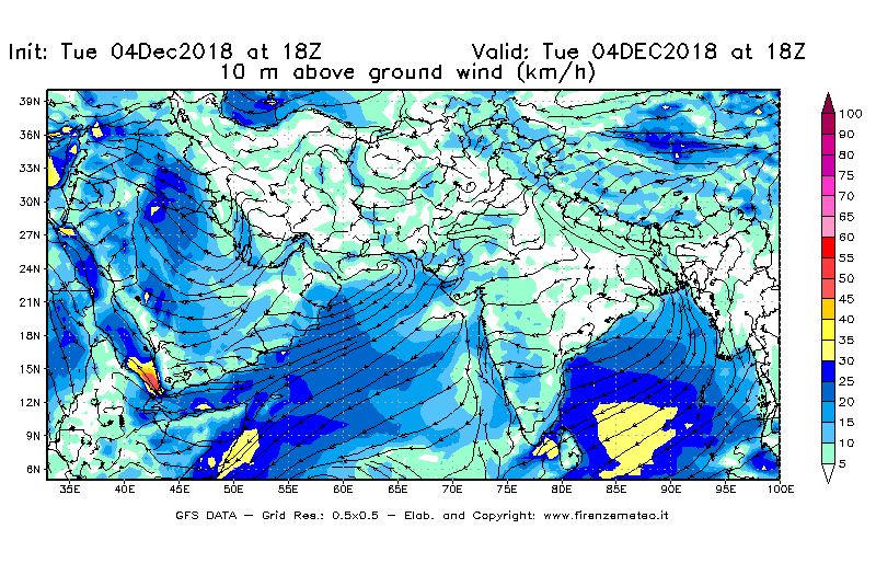 Mappa di analisi GFS - Velocità del vento a 10 metri dal suolo [km/h] in Asia Sud-Occidentale
							del 04/12/2018 18 <!--googleoff: index-->UTC<!--googleon: index-->
