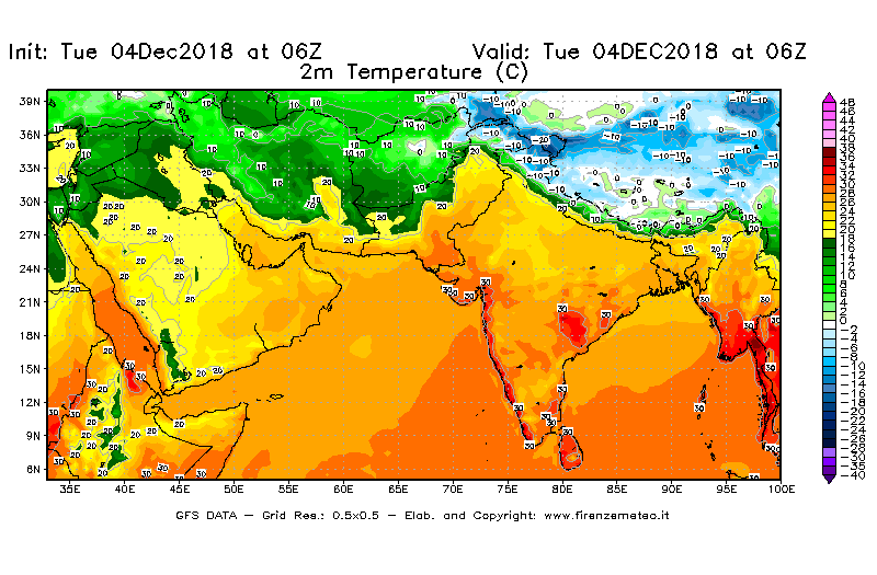 Mappa di analisi GFS - Temperatura a 2 metri dal suolo [°C] in Asia Sud-Occidentale
							del 04/12/2018 06 <!--googleoff: index-->UTC<!--googleon: index-->