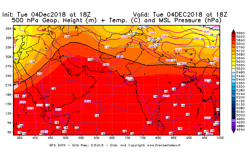 Mappa di analisi GFS - Geopotenziale [m] + Temp. [°C] a 500 hPa + Press. a livello del mare [hPa] in Asia Sud-Occidentale
							del 04/12/2018 18 <!--googleoff: index-->UTC<!--googleon: index-->