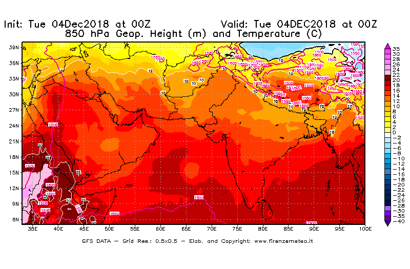 Mappa di analisi GFS - Geopotenziale [m] e Temperatura [°C] a 850 hPa in Asia Sud-Occidentale
							del 04/12/2018 00 <!--googleoff: index-->UTC<!--googleon: index-->