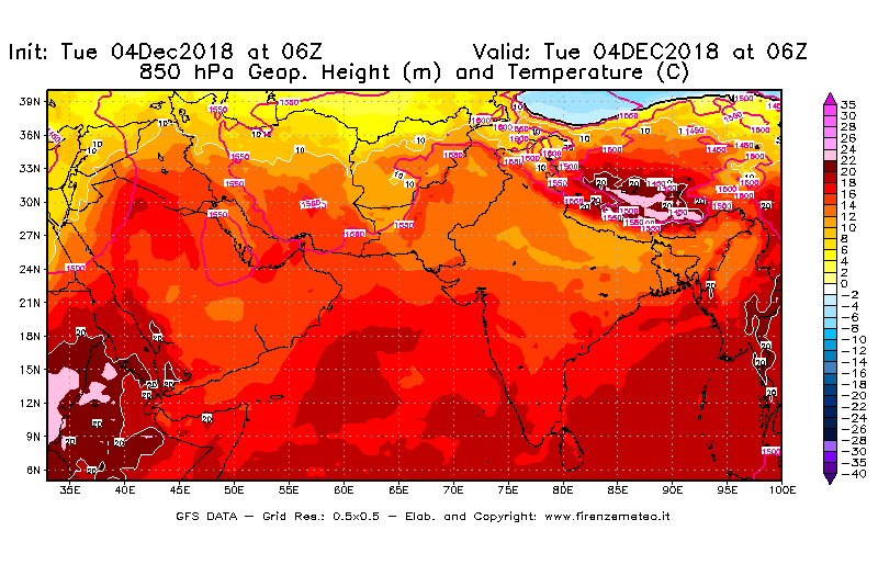 Mappa di analisi GFS - Geopotenziale [m] e Temperatura [°C] a 850 hPa in Asia Sud-Occidentale
							del 04/12/2018 06 <!--googleoff: index-->UTC<!--googleon: index-->