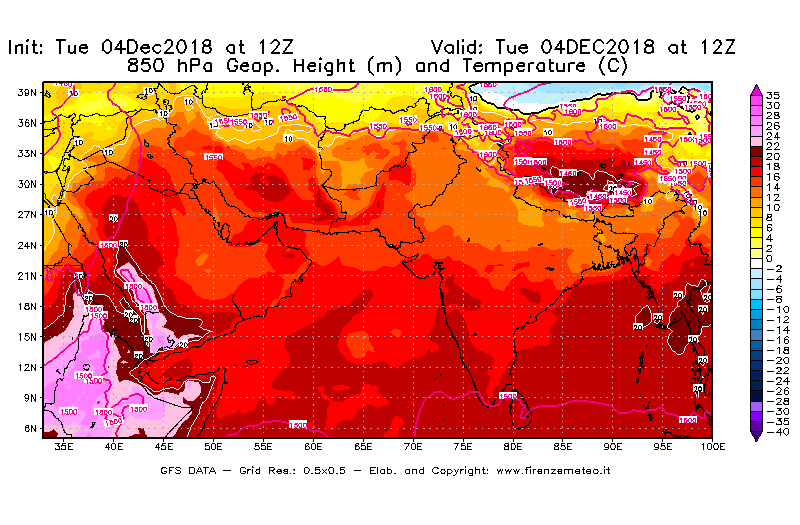 Mappa di analisi GFS - Geopotenziale [m] e Temperatura [°C] a 850 hPa in Asia Sud-Occidentale
							del 04/12/2018 12 <!--googleoff: index-->UTC<!--googleon: index-->