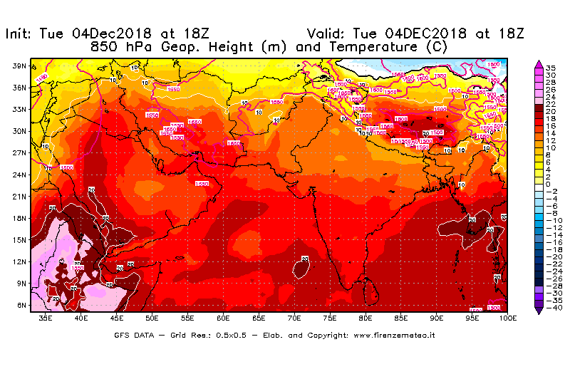 Mappa di analisi GFS - Geopotenziale [m] e Temperatura [°C] a 850 hPa in Asia Sud-Occidentale
							del 04/12/2018 18 <!--googleoff: index-->UTC<!--googleon: index-->