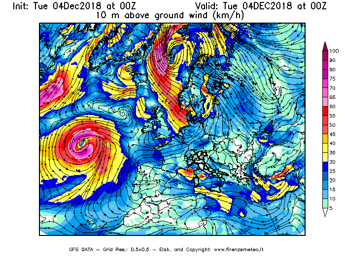Mappa di analisi GFS - Velocità del vento a 10 metri dal suolo [km/h] in Europa
							del 04/12/2018 00 <!--googleoff: index-->UTC<!--googleon: index-->