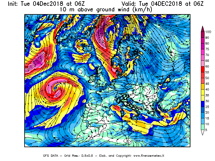 Mappa di analisi GFS - Velocità del vento a 10 metri dal suolo [km/h] in Europa
							del 04/12/2018 06 <!--googleoff: index-->UTC<!--googleon: index-->