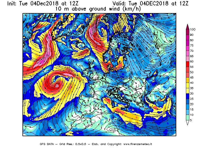 Mappa di analisi GFS - Velocità del vento a 10 metri dal suolo [km/h] in Europa
							del 04/12/2018 12 <!--googleoff: index-->UTC<!--googleon: index-->