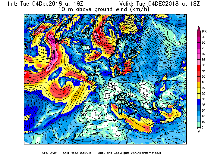 Mappa di analisi GFS - Velocità del vento a 10 metri dal suolo [km/h] in Europa
							del 04/12/2018 18 <!--googleoff: index-->UTC<!--googleon: index-->