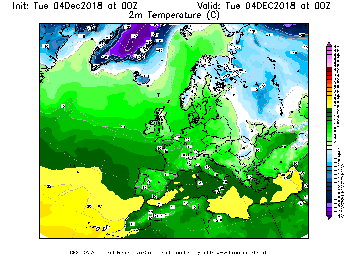 Mappa di analisi GFS - Temperatura a 2 metri dal suolo [°C] in Europa
							del 04/12/2018 00 <!--googleoff: index-->UTC<!--googleon: index-->
