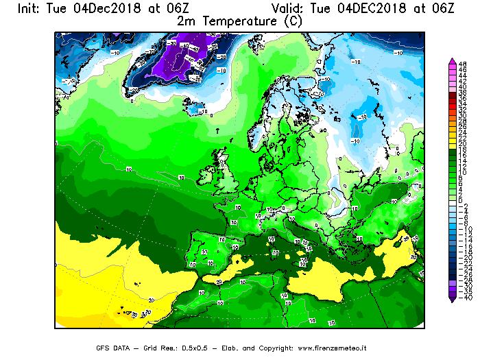 Mappa di analisi GFS - Temperatura a 2 metri dal suolo [°C] in Europa
							del 04/12/2018 06 <!--googleoff: index-->UTC<!--googleon: index-->