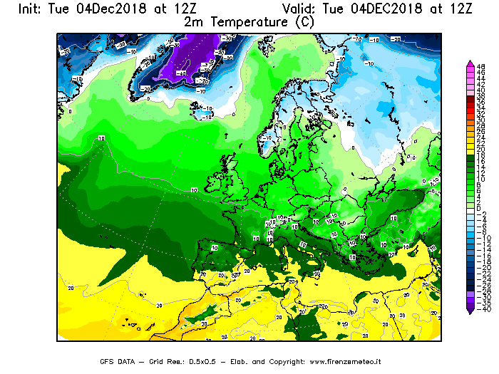 Mappa di analisi GFS - Temperatura a 2 metri dal suolo [°C] in Europa
							del 04/12/2018 12 <!--googleoff: index-->UTC<!--googleon: index-->