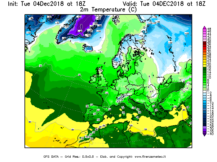Mappa di analisi GFS - Temperatura a 2 metri dal suolo [°C] in Europa
							del 04/12/2018 18 <!--googleoff: index-->UTC<!--googleon: index-->