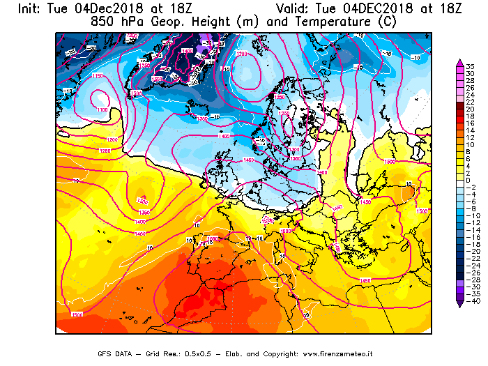 Mappa di analisi GFS - Geopotenziale [m] e Temperatura [°C] a 850 hPa in Europa
							del 04/12/2018 18 <!--googleoff: index-->UTC<!--googleon: index-->