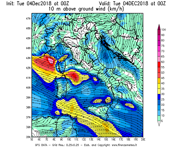 Mappa di analisi GFS - Velocità del vento a 10 metri dal suolo [km/h] in Italia
							del 04/12/2018 00 <!--googleoff: index-->UTC<!--googleon: index-->