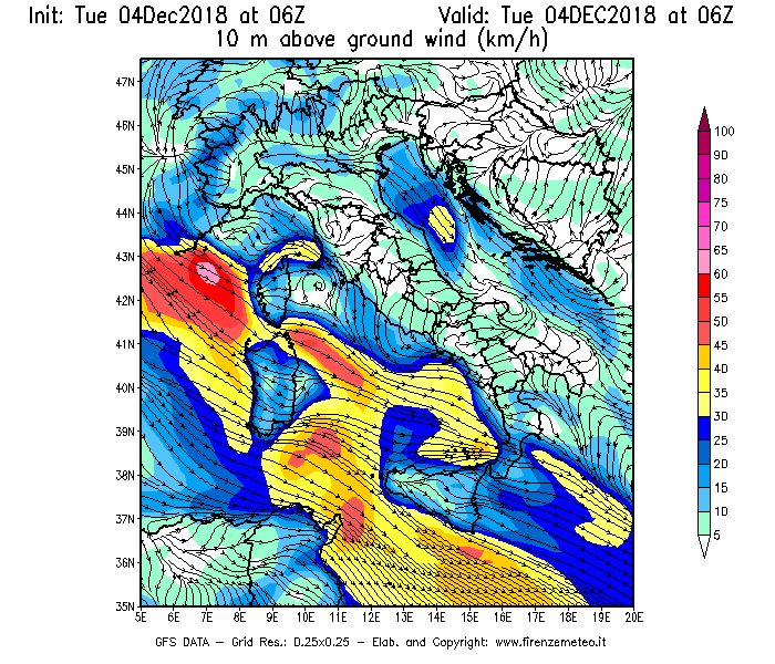 Mappa di analisi GFS - Velocità del vento a 10 metri dal suolo [km/h] in Italia
							del 04/12/2018 06 <!--googleoff: index-->UTC<!--googleon: index-->
