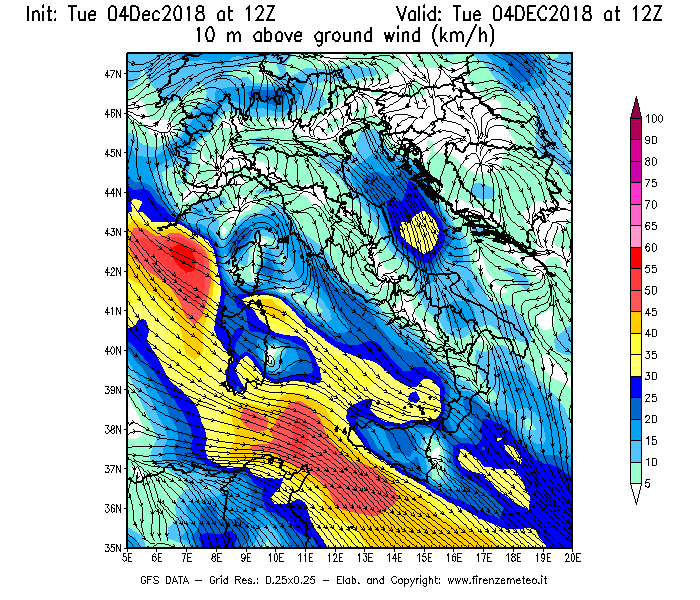 Mappa di analisi GFS - Velocità del vento a 10 metri dal suolo [km/h] in Italia
							del 04/12/2018 12 <!--googleoff: index-->UTC<!--googleon: index-->