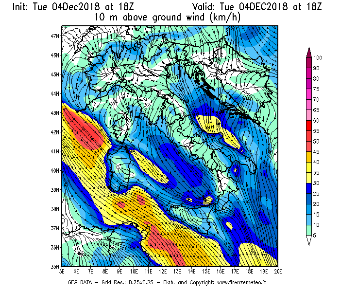 Mappa di analisi GFS - Velocità del vento a 10 metri dal suolo [km/h] in Italia
							del 04/12/2018 18 <!--googleoff: index-->UTC<!--googleon: index-->