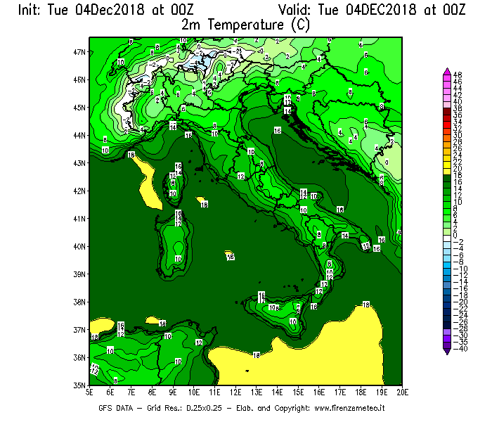 Mappa di analisi GFS - Temperatura a 2 metri dal suolo [°C] in Italia
							del 04/12/2018 00 <!--googleoff: index-->UTC<!--googleon: index-->
