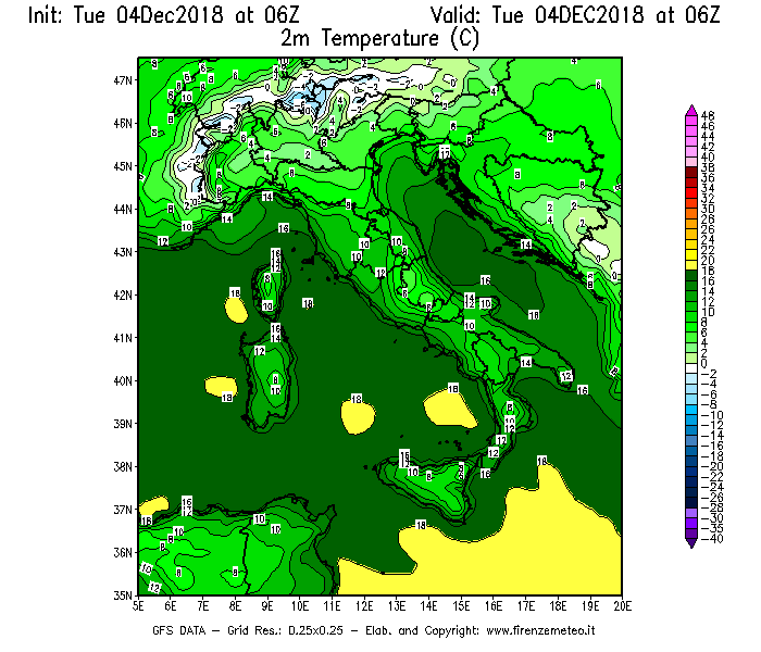 Mappa di analisi GFS - Temperatura a 2 metri dal suolo [°C] in Italia
							del 04/12/2018 06 <!--googleoff: index-->UTC<!--googleon: index-->