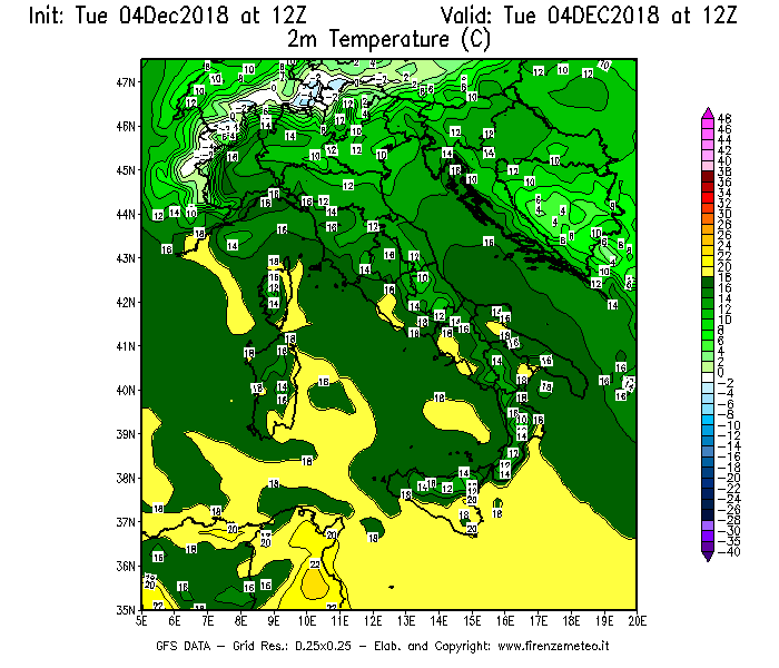 Mappa di analisi GFS - Temperatura a 2 metri dal suolo [°C] in Italia
							del 04/12/2018 12 <!--googleoff: index-->UTC<!--googleon: index-->