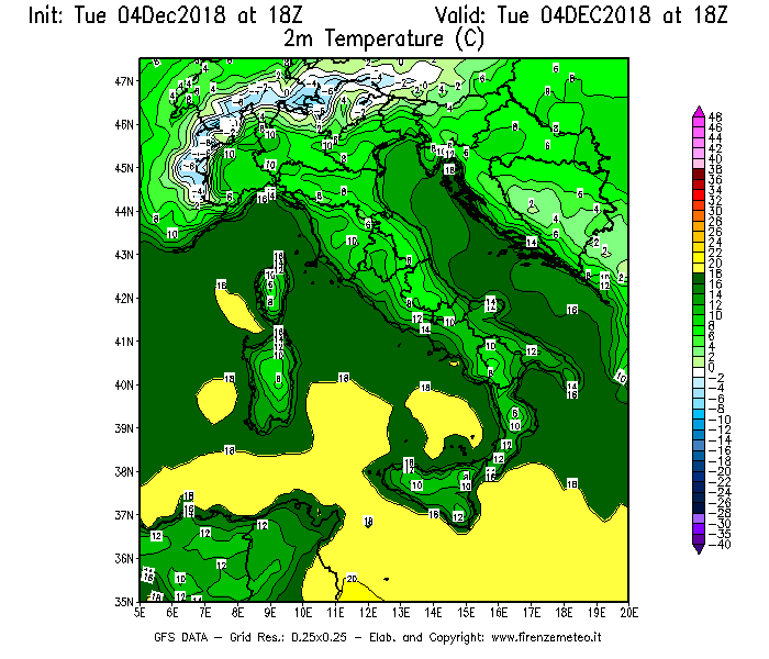 Mappa di analisi GFS - Temperatura a 2 metri dal suolo [°C] in Italia
							del 04/12/2018 18 <!--googleoff: index-->UTC<!--googleon: index-->