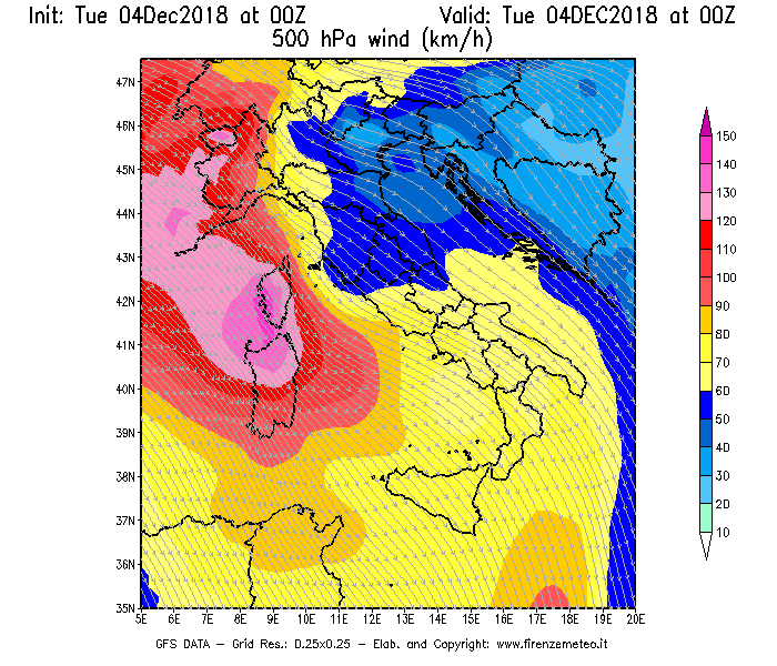 Mappa di analisi GFS - Velocità del vento a 500 hPa [km/h] in Italia
							del 04/12/2018 00 <!--googleoff: index-->UTC<!--googleon: index-->