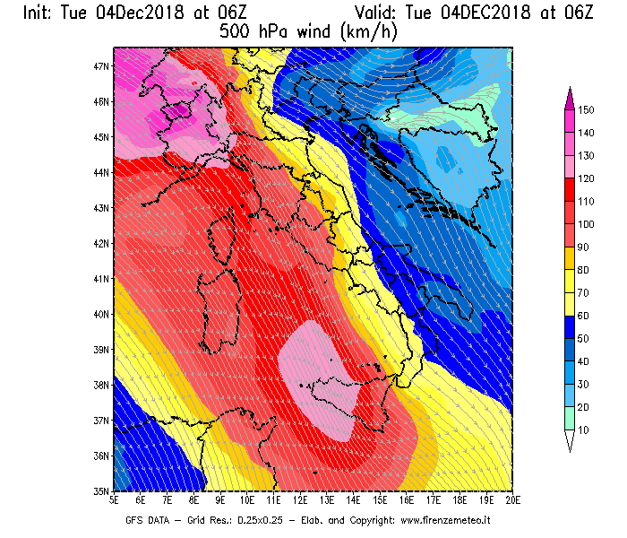 Mappa di analisi GFS - Velocità del vento a 500 hPa [km/h] in Italia
							del 04/12/2018 06 <!--googleoff: index-->UTC<!--googleon: index-->
