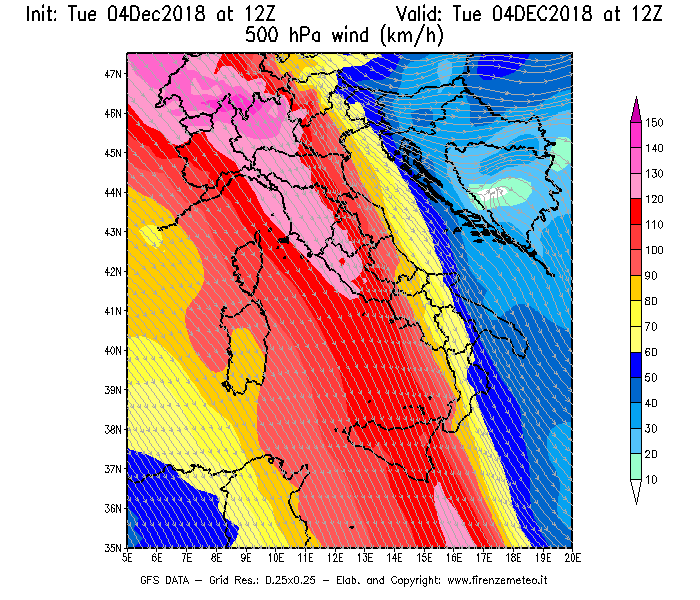 Mappa di analisi GFS - Velocità del vento a 500 hPa [km/h] in Italia
							del 04/12/2018 12 <!--googleoff: index-->UTC<!--googleon: index-->