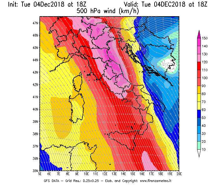 Mappa di analisi GFS - Velocità del vento a 500 hPa [km/h] in Italia
							del 04/12/2018 18 <!--googleoff: index-->UTC<!--googleon: index-->