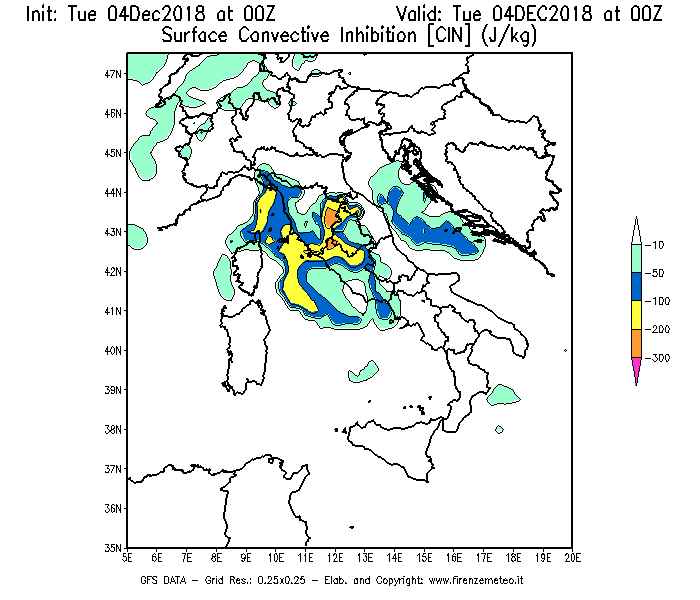 Mappa di analisi GFS - CIN [J/kg] in Italia
							del 04/12/2018 00 <!--googleoff: index-->UTC<!--googleon: index-->