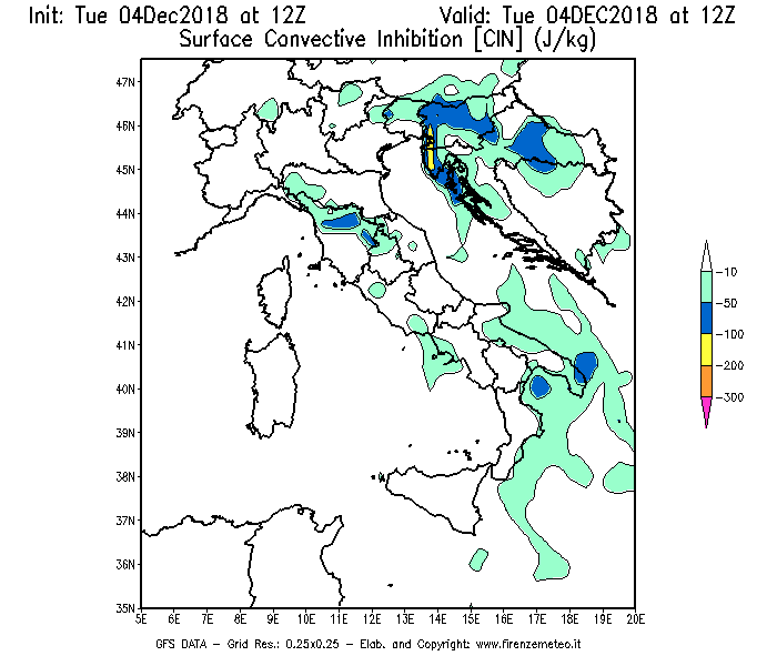 Mappa di analisi GFS - CIN [J/kg] in Italia
							del 04/12/2018 12 <!--googleoff: index-->UTC<!--googleon: index-->