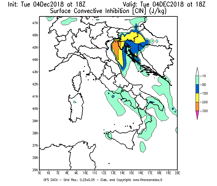 Mappa di analisi GFS - CIN [J/kg] in Italia
							del 04/12/2018 18 <!--googleoff: index-->UTC<!--googleon: index-->