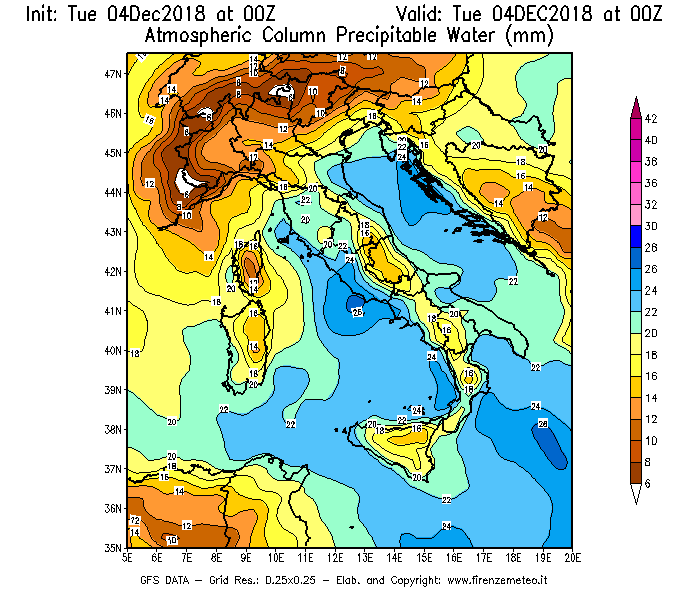 Mappa di analisi GFS - Precipitable Water [mm] in Italia
							del 04/12/2018 00 <!--googleoff: index-->UTC<!--googleon: index-->