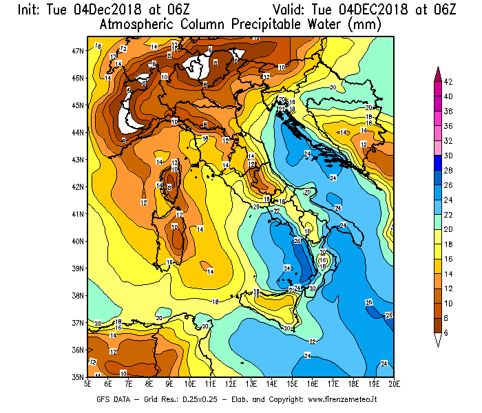 Mappa di analisi GFS - Precipitable Water [mm] in Italia
							del 04/12/2018 06 <!--googleoff: index-->UTC<!--googleon: index-->