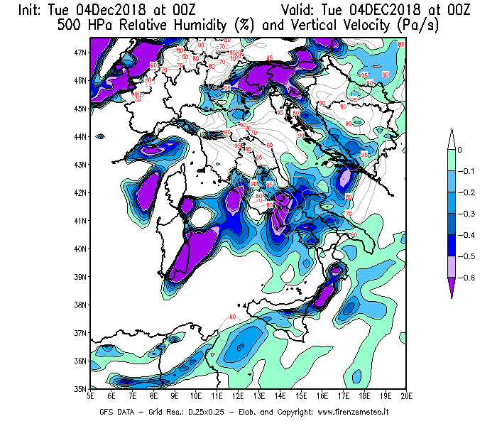 Mappa di analisi GFS - Umidità relativa [%] e Omega [Pa/s] a 500 hPa in Italia
							del 04/12/2018 00 <!--googleoff: index-->UTC<!--googleon: index-->