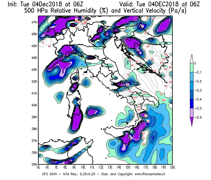 Mappa di analisi GFS - Umidità relativa [%] e Omega [Pa/s] a 500 hPa in Italia
							del 04/12/2018 06 <!--googleoff: index-->UTC<!--googleon: index-->