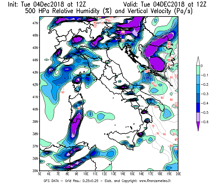 Mappa di analisi GFS - Umidità relativa [%] e Omega [Pa/s] a 500 hPa in Italia
							del 04/12/2018 12 <!--googleoff: index-->UTC<!--googleon: index-->