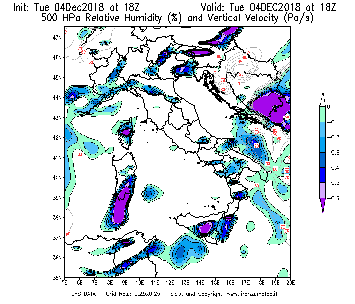 Mappa di analisi GFS - Umidità relativa [%] e Omega [Pa/s] a 500 hPa in Italia
							del 04/12/2018 18 <!--googleoff: index-->UTC<!--googleon: index-->