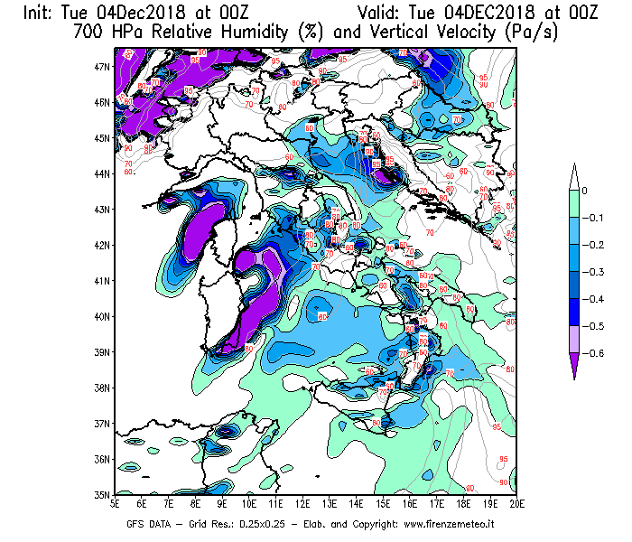 Mappa di analisi GFS - Umidità relativa [%] e Omega [Pa/s] a 700 hPa in Italia
							del 04/12/2018 00 <!--googleoff: index-->UTC<!--googleon: index-->